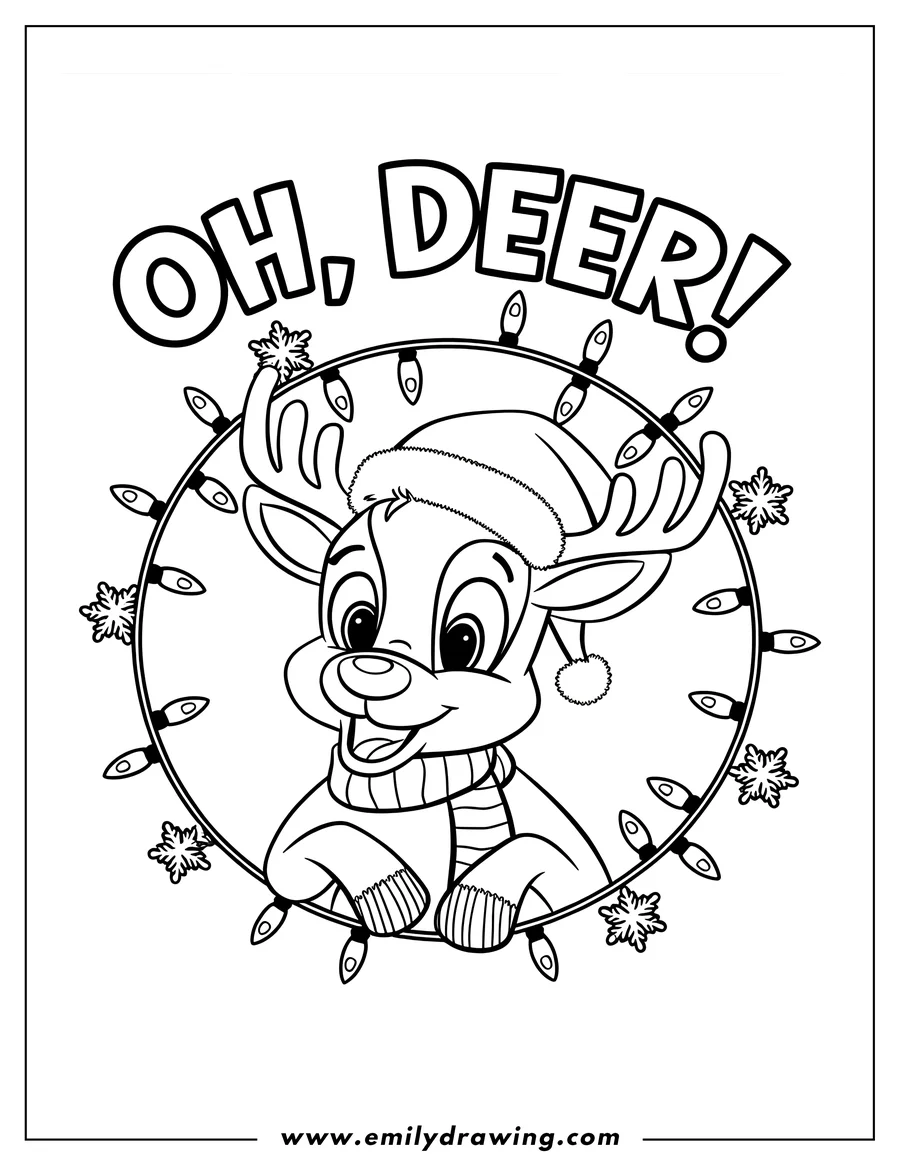 Line art of a reindeer wearing a Santa hat and scarf, surrounded by a string of Christmas lights decorated with snowflakes. The words 