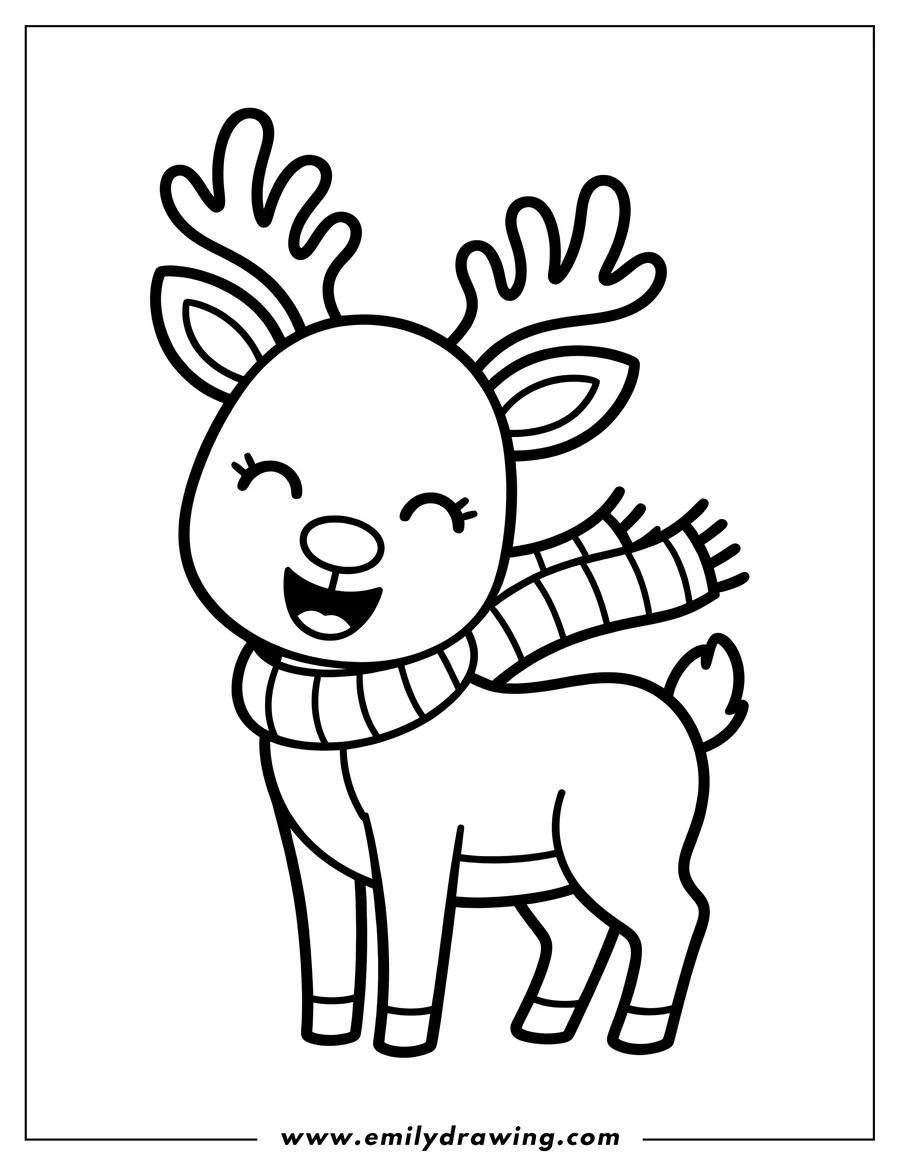 Outline of a reindeer wearing a striped scarf, smiling cheerfully.