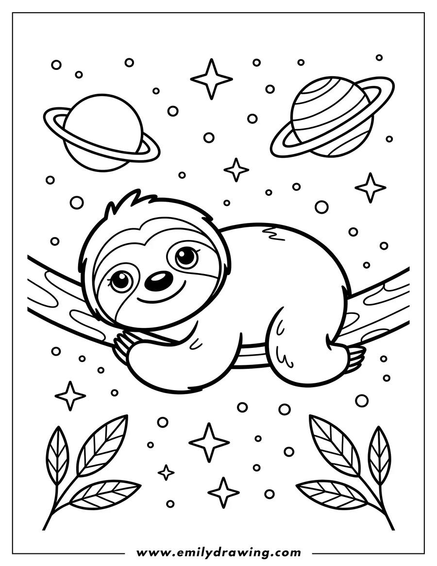 Outline of a sloth relaxing on a branch in outer space, surrounded by planets and stars.
