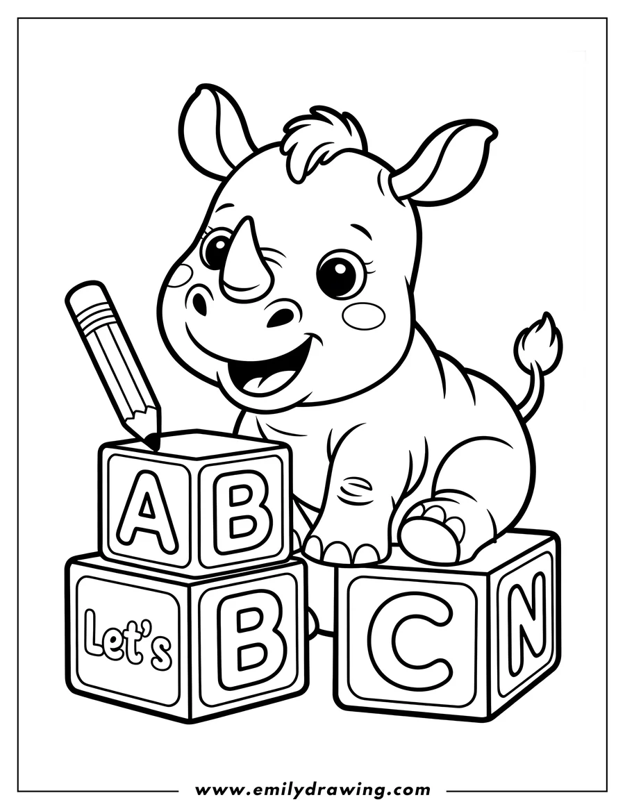 Outline of a baby rhino sitting on ABC blocks with a pencil nearby.