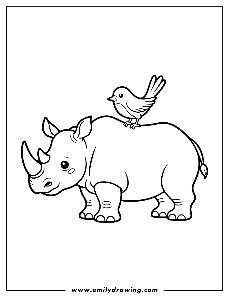 Outline of a rhino with a small bird perched on its back.