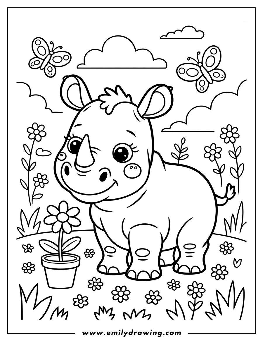 Outline of a rhino standing near a flower pot, with butterflies and more flowers in the background