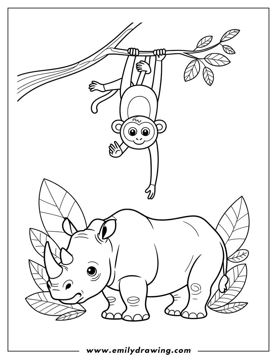 Outline of a rhino standing near some leaves and a monkey hanging upside down from a tree branch.