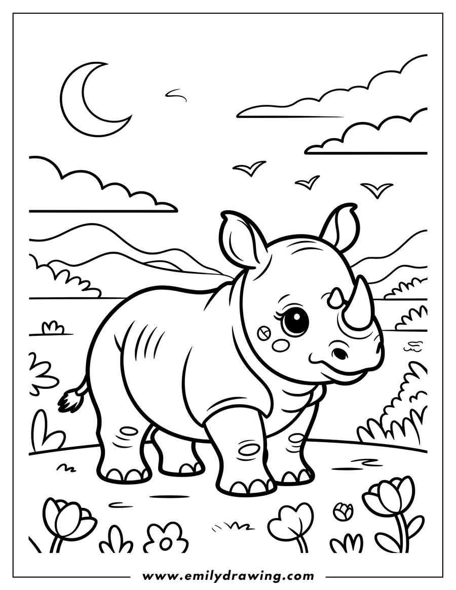 Outline of a rhino standing in a field of flowers at night, with a crescent moon and birds in the sky.