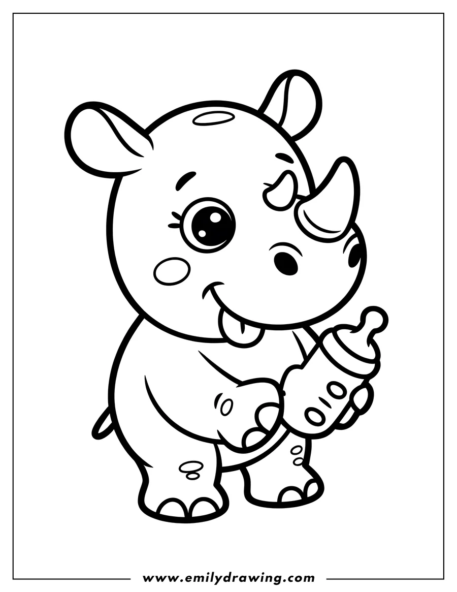 Outline of a baby rhino holding a bottle