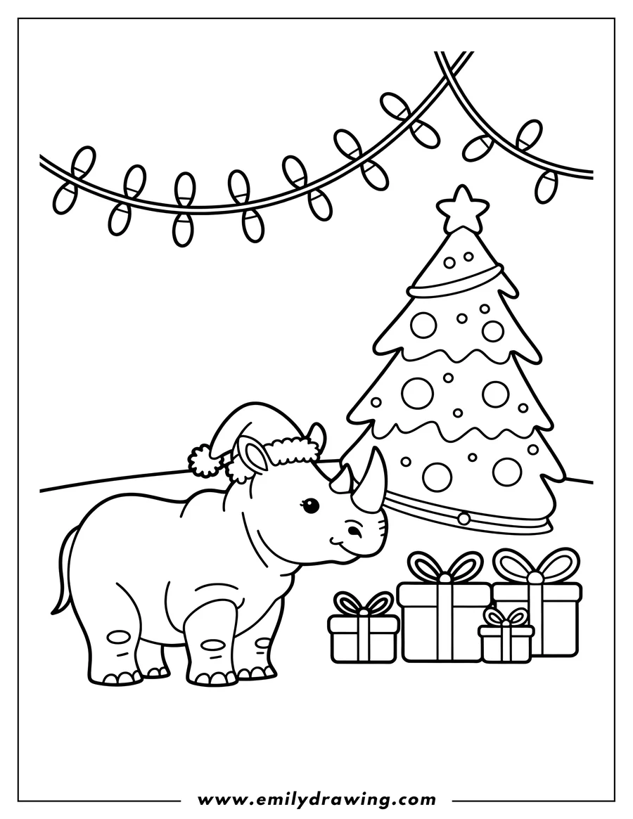 Outline of a rhino wearing a Santa hat standing near a decorated Christmas tree and presents.