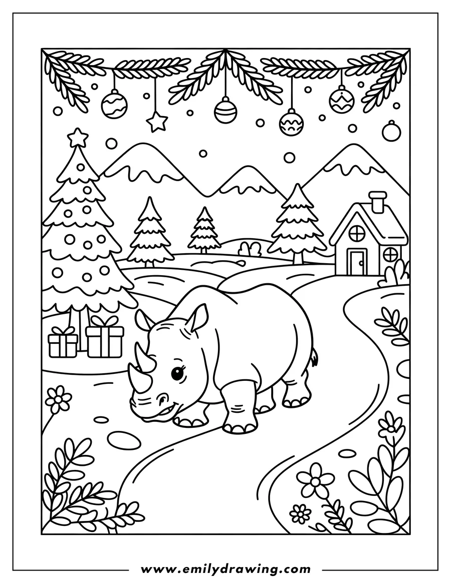Outline of a rhino walking in a Christmas village setting with snow-capped mountains, decorated Christmas trees, a small house, and presents.