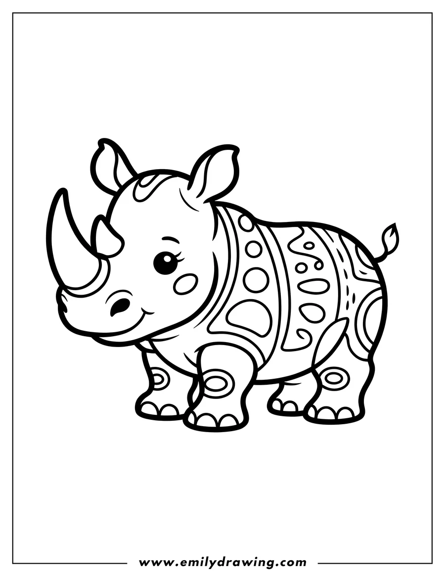 Line art of a baby rhino with a patterned hide.