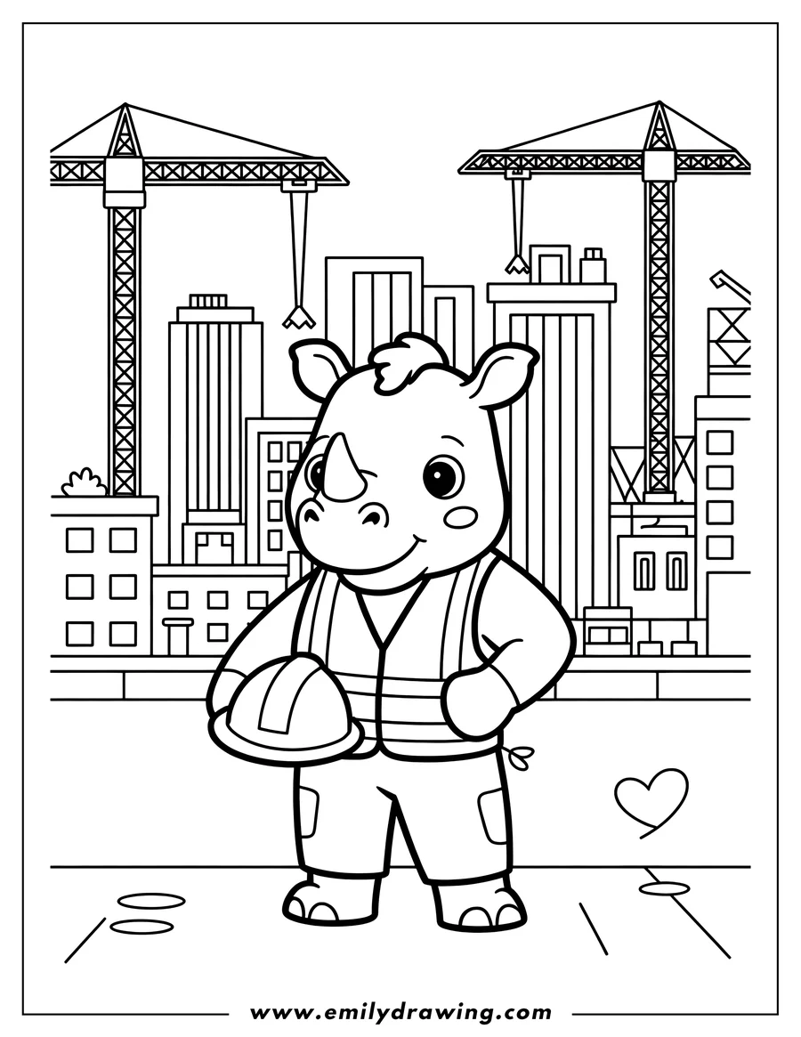 Outline of a rhino dressed as a construction worker, holding a hard hat, in front of a cityscape with cranes and buildings.