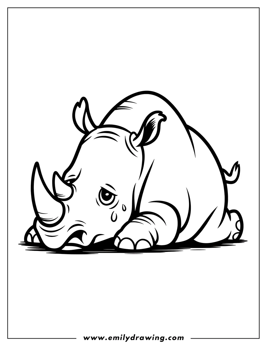Outline of a crying rhino with tears rolling down its face.