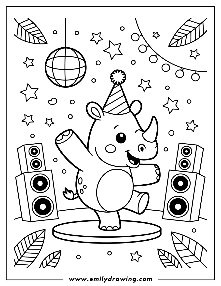Outline of a rhino wearing a party hat, dancing on a small stage between two speakers, with a disco ball, string lights, stars, and leaves in the background.