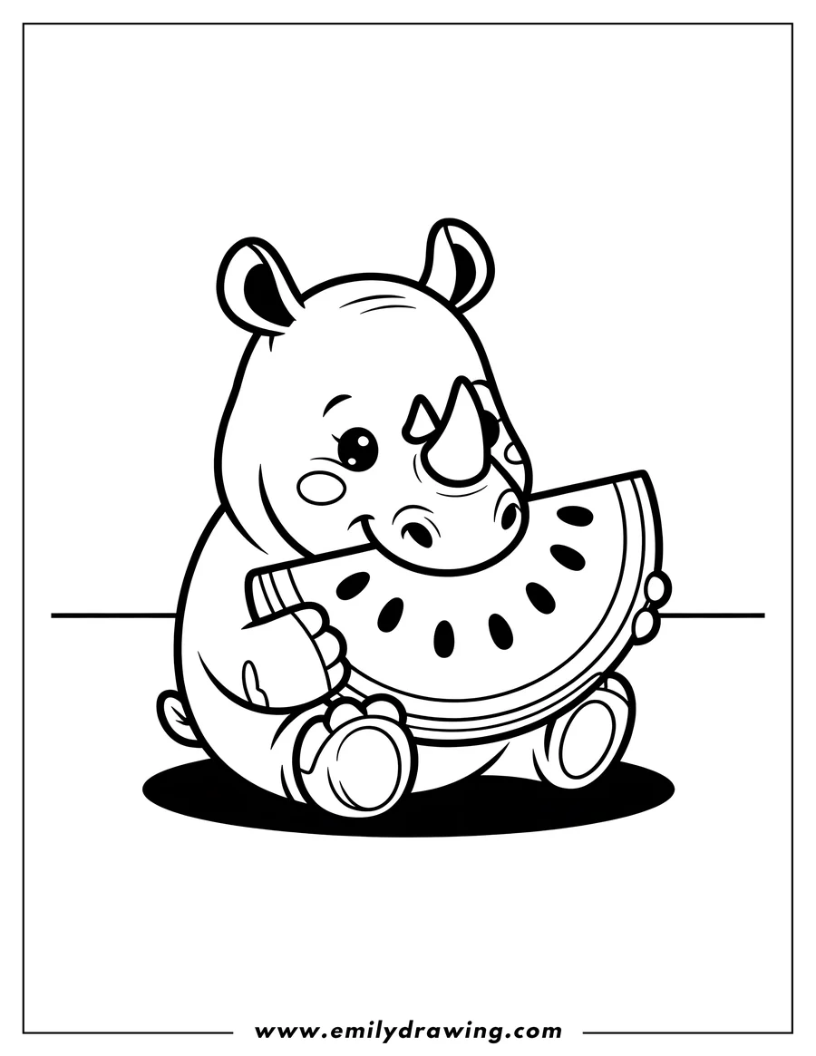 Outline of a baby rhino sitting and holding a large slice of watermelon.