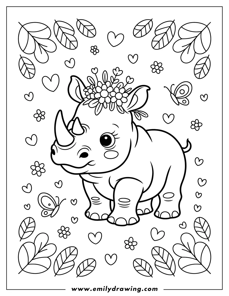 Outline of a baby rhino wearing a crown of flowers, surrounded by hearts, butterflies, and leaves.