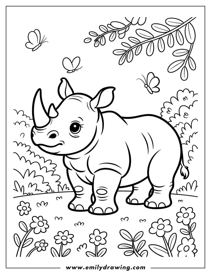Outline of a rhino standing in a field of flowers and plants, with butterflies fluttering around.
