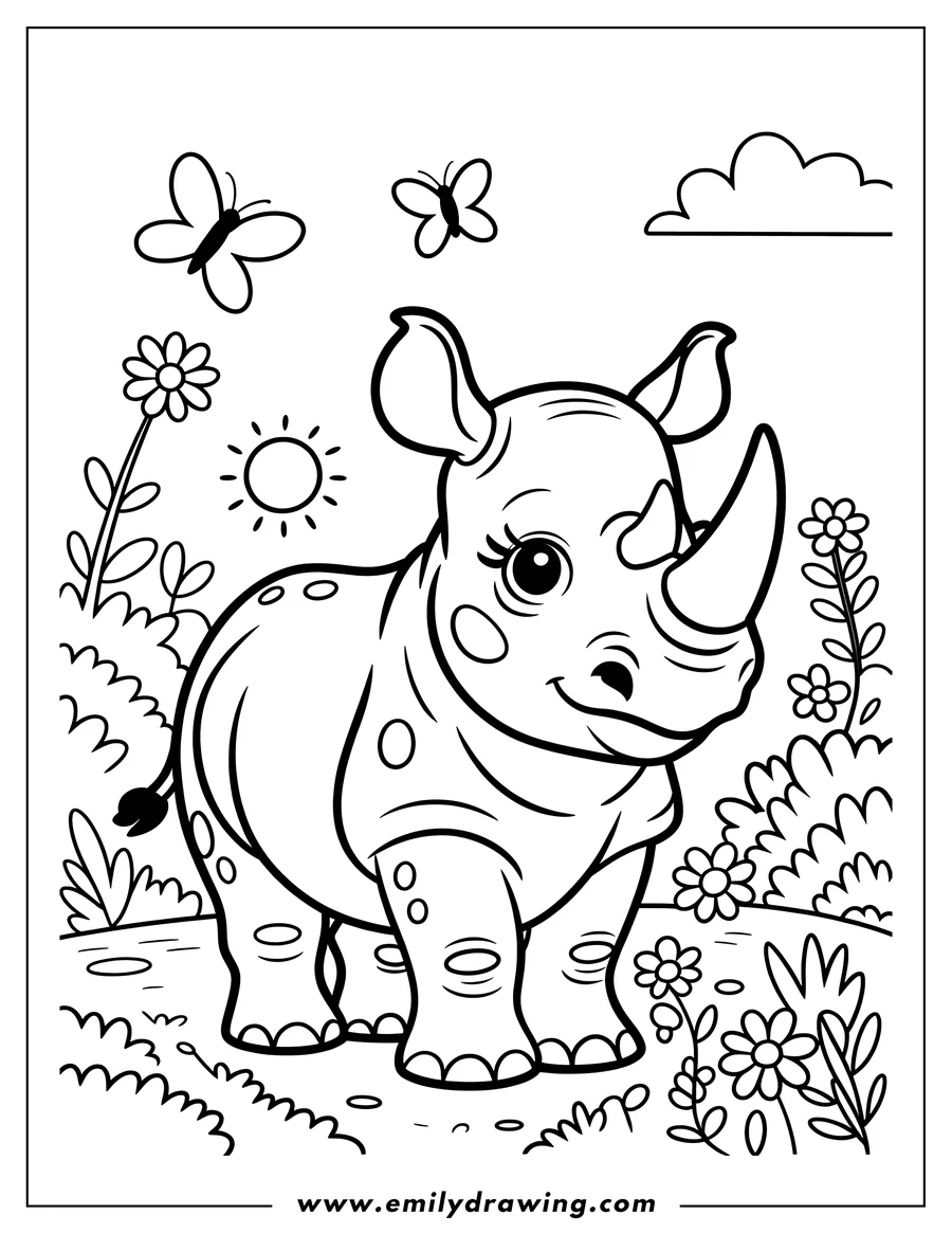 Outline of a baby rhino standing in a flower meadow with butterflies and a shining sun
