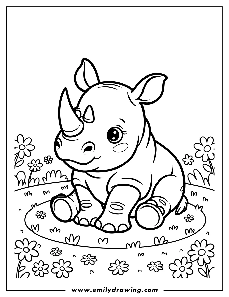 Outline of a baby rhino sitting in a flower patch.