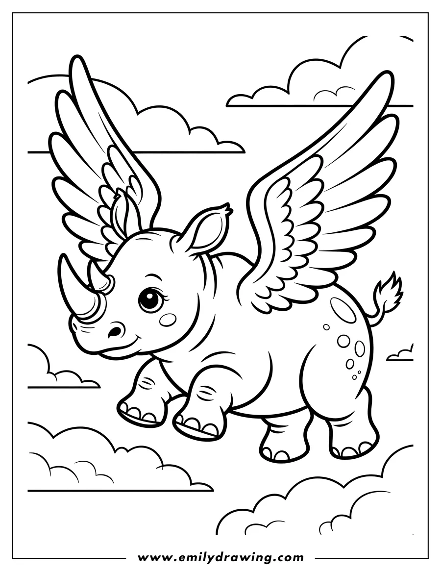 Line art of a rhino with wings flying amongst fluffy clouds.