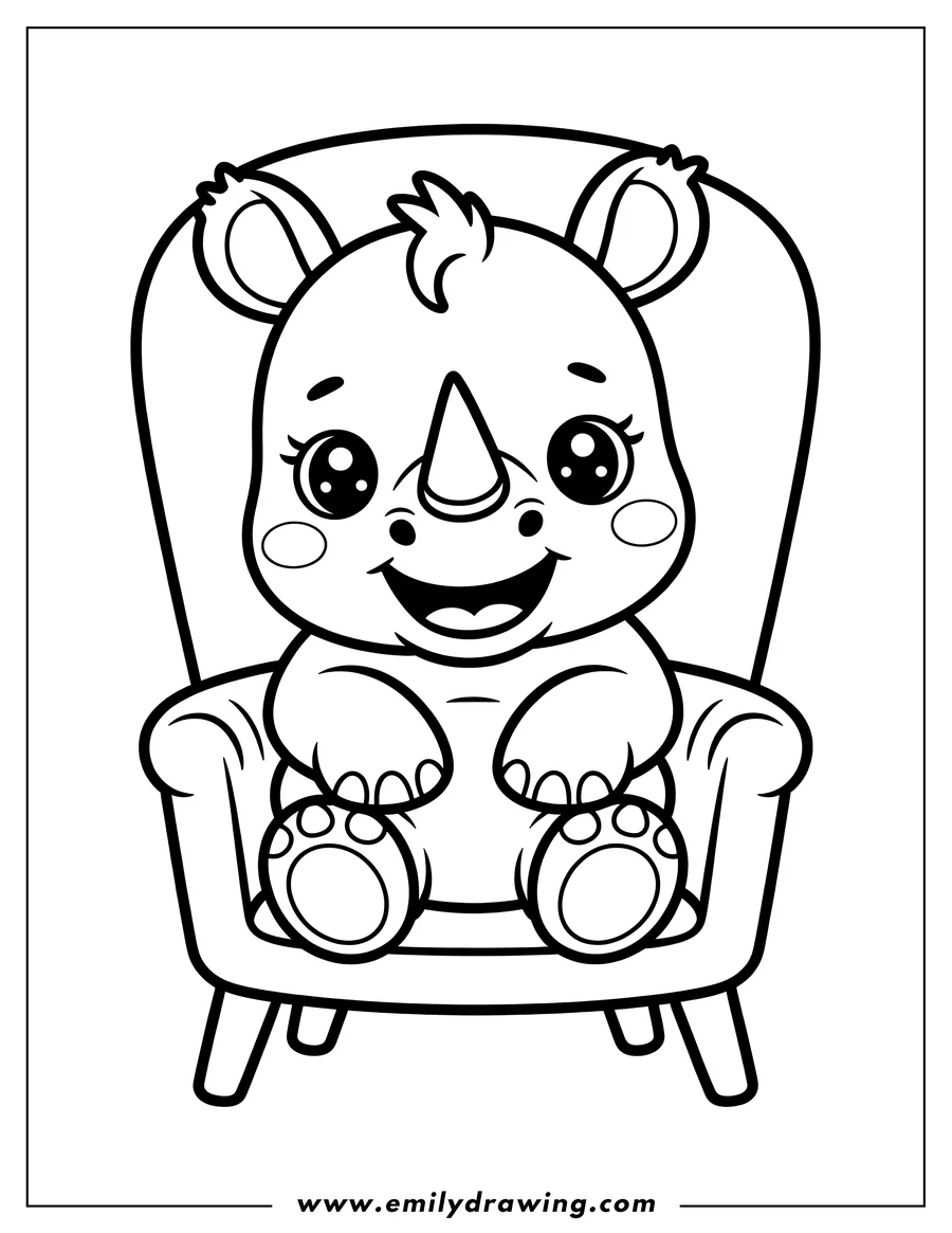 Outline of a baby rhino sitting comfortably in an armchair.