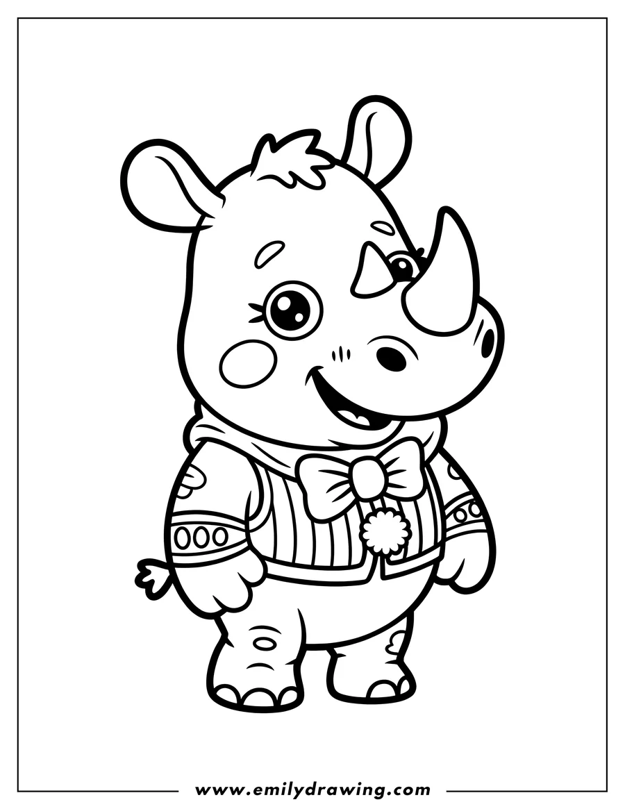 Outline of a rhino wearing a decorated vest with a bow and flower corsage.