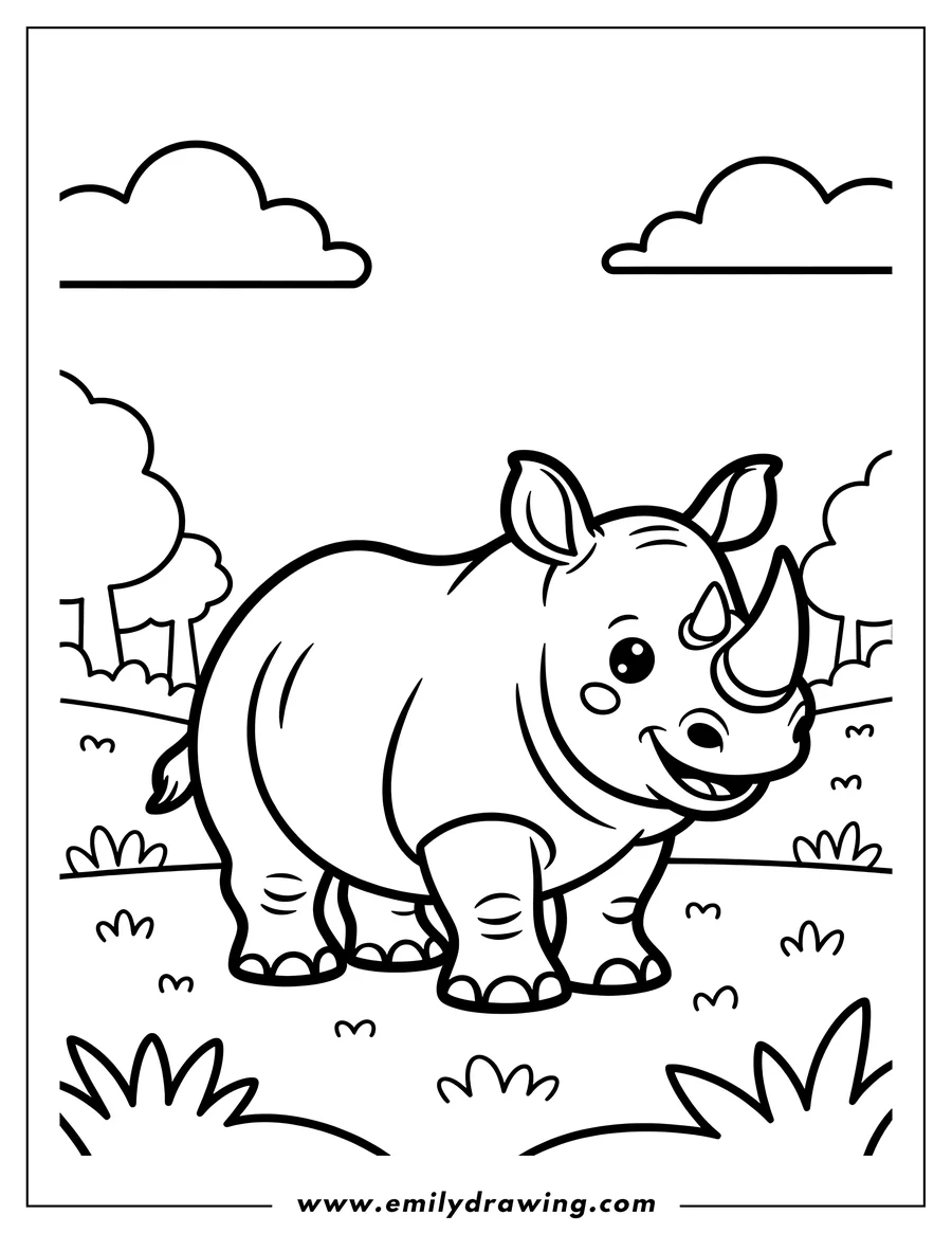 Outline of a rhino standing in a field with trees and clouds in the background.