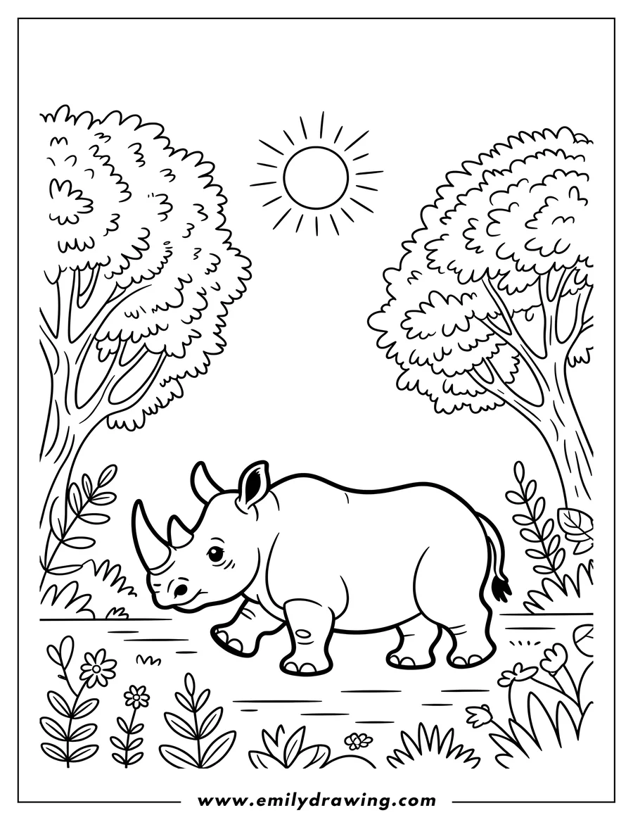 Outline of a rhino walking in a forest clearing between two leafy trees. Small plants and flowers dot the ground beneath it, and a simple sun shines overhead.