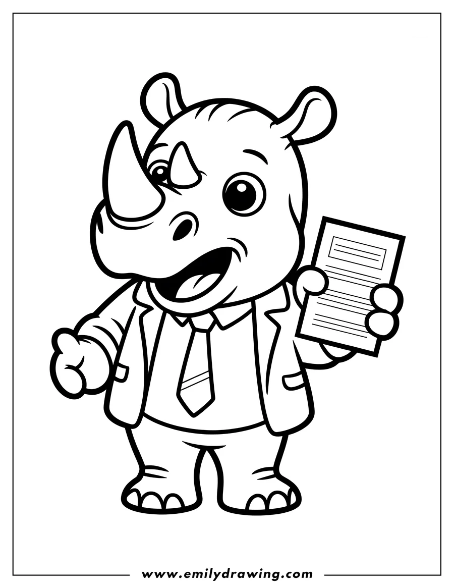 Line art of a rhino wearing a suit and tie, holding a piece of paper. It appears the rhino is ready for business!