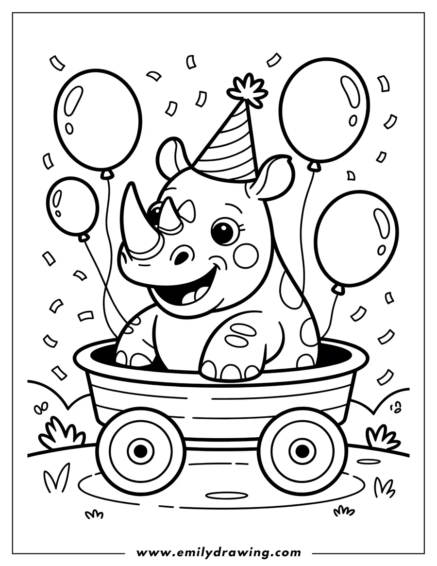 Outline of a baby rhino wearing a party hat, sitting in a wooden wagon with balloons and confetti around.