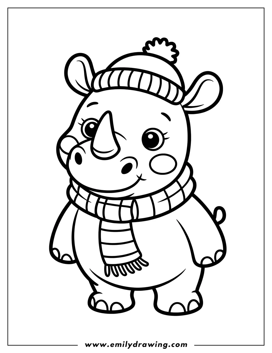 Outline of a rhino wearing a winter hat and scarf.