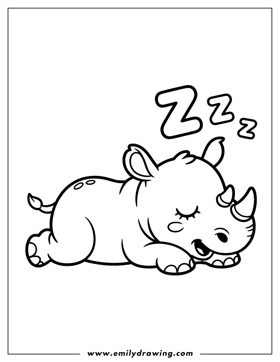 Line art of a baby rhino napping with its eyes closed. Zzz's indicate it is sleeping soundly.
