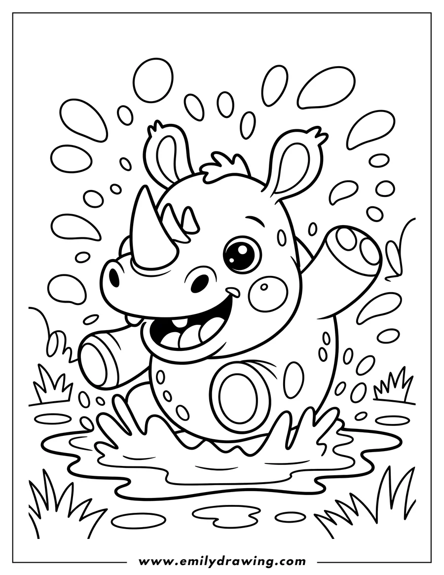 Outline of a cheerful rhino playing in a mud puddle, splashing happily.