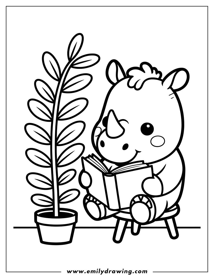 Outline of a rhino sitting on a small chair reading a book next to a potted plant.