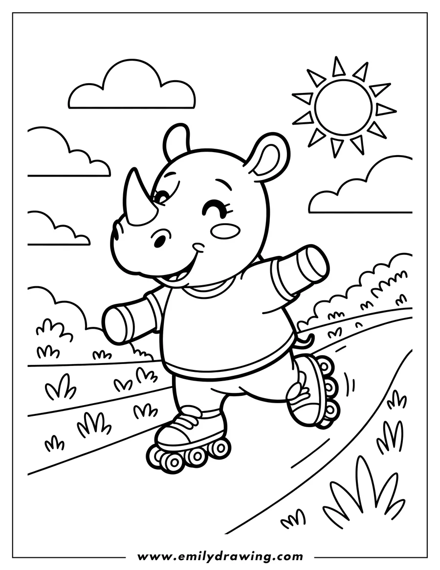Outline of a rhino wearing a shirt and roller skates, skating outdoors on a sunny day.