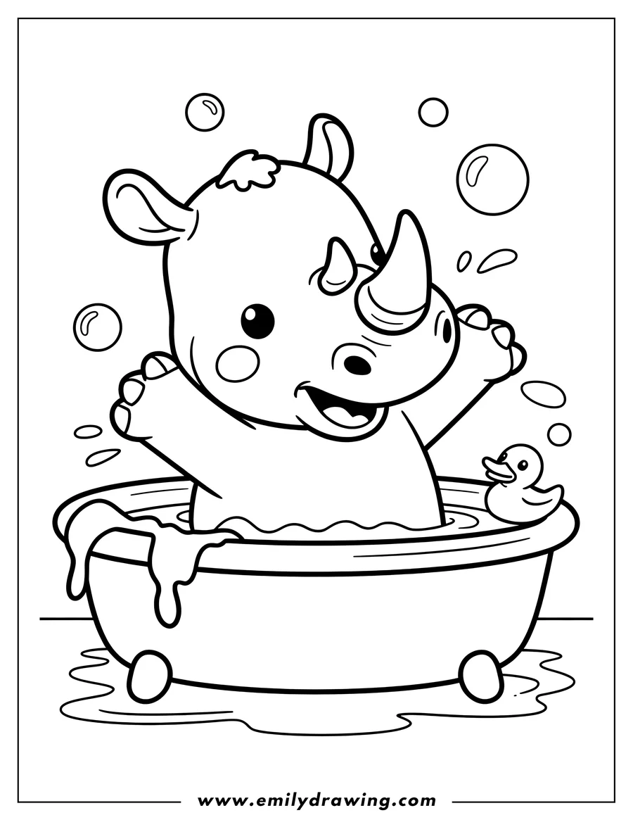 Outline of a baby rhino happily playing in a bathtub with a rubber duck and bubbles.