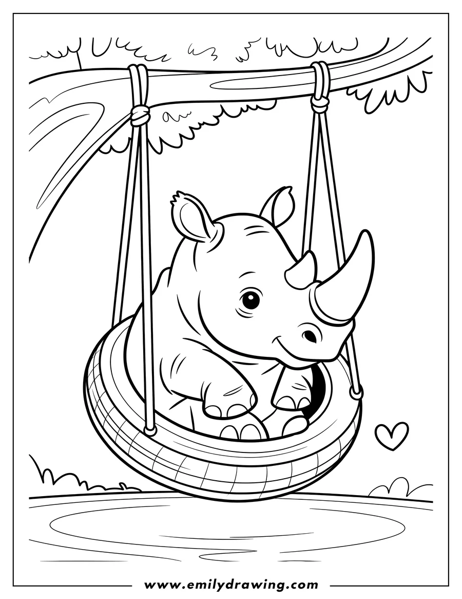 Line art of a baby rhino sitting on a tire swing hanging from a tree branch, near a pond.