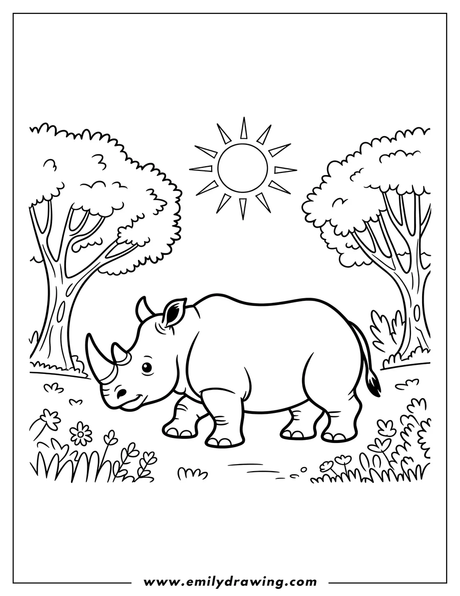 Line art illustration of a rhino walking through grass with flowers and trees. A friendly sun shines above.