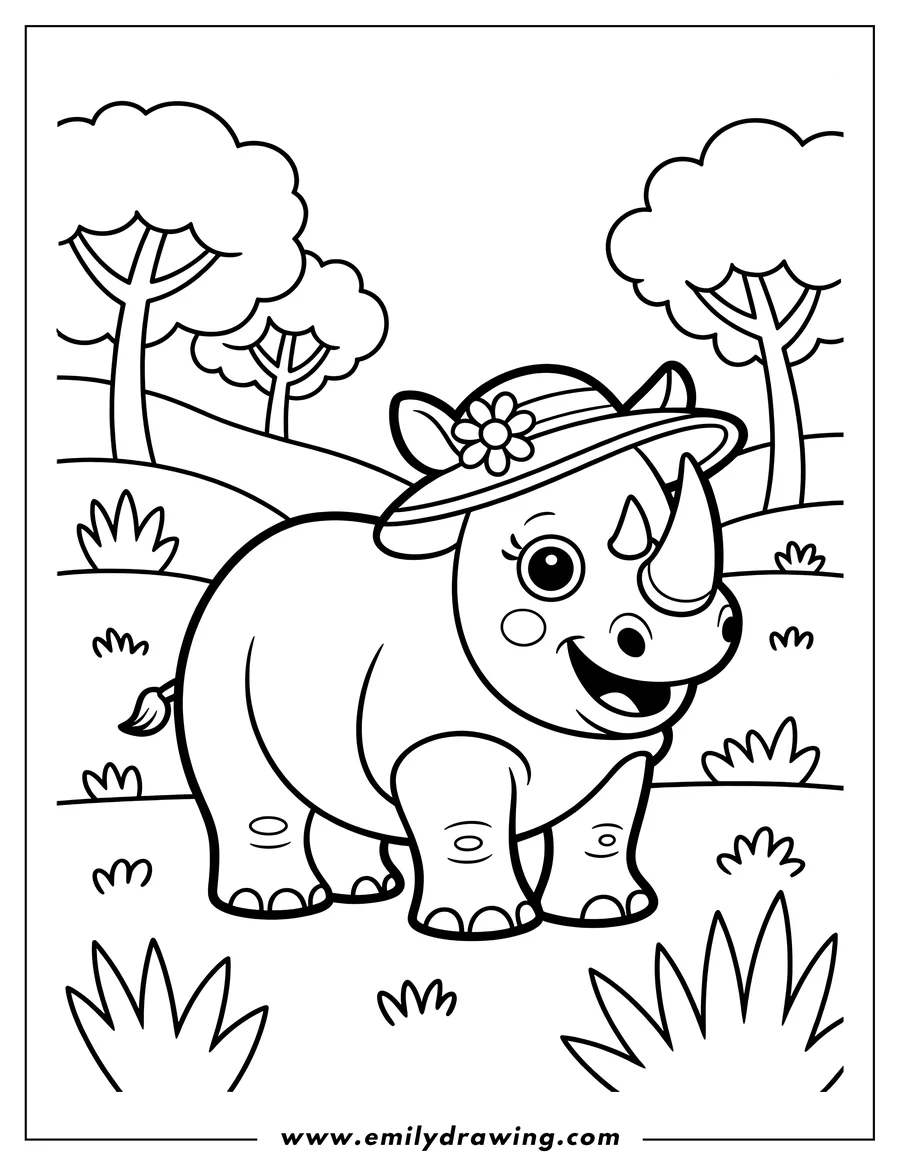 Line art of a rhino wearing a sun hat with a flower on it, standing in a grassy area with trees in the background.