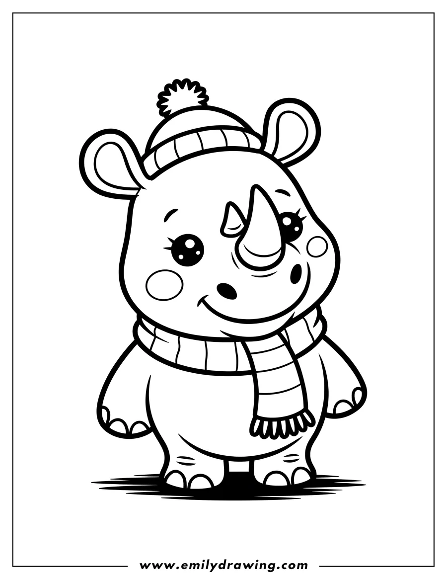 Outline of a rhino wearing a winter hat and scarf, ready for cold weather.