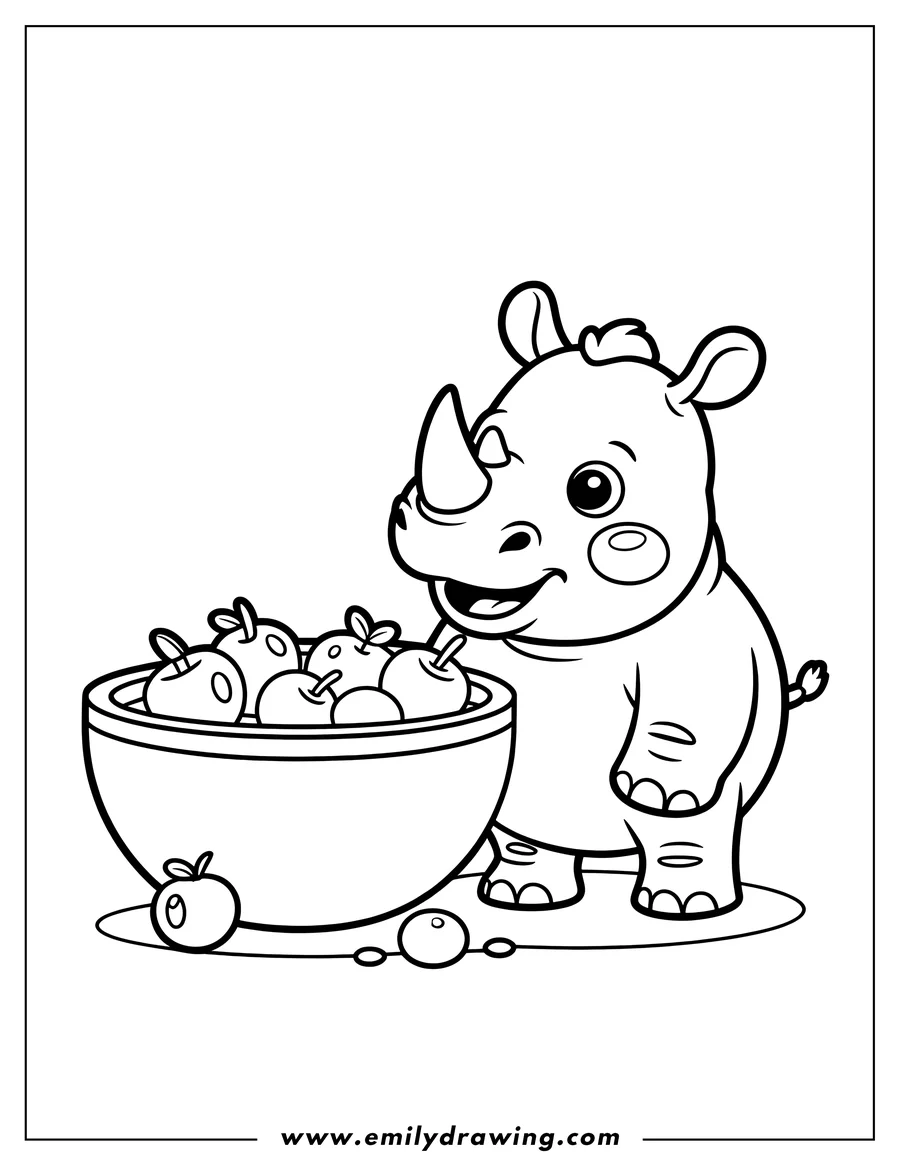 Outline of a baby rhino standing near a bowl of apples.