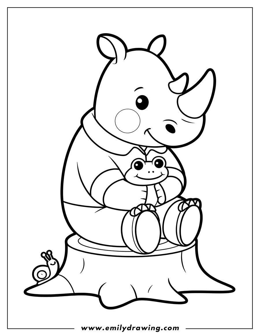 Outline of a rhino sitting on a tree stump, holding a frog plushie. A small snail is near the stump's base.