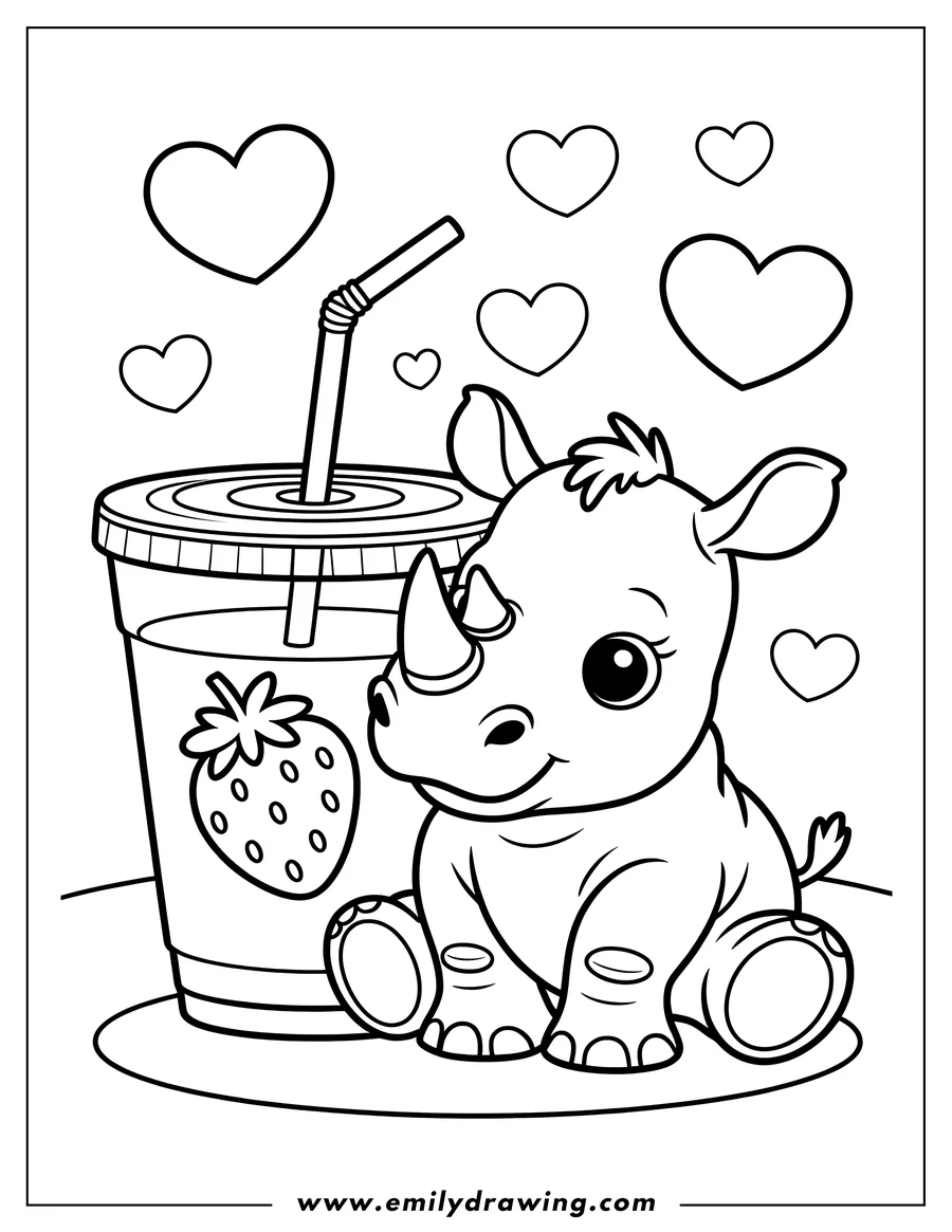 Outline of a baby rhino sitting next to a strawberry smoothie with hearts floating around it.