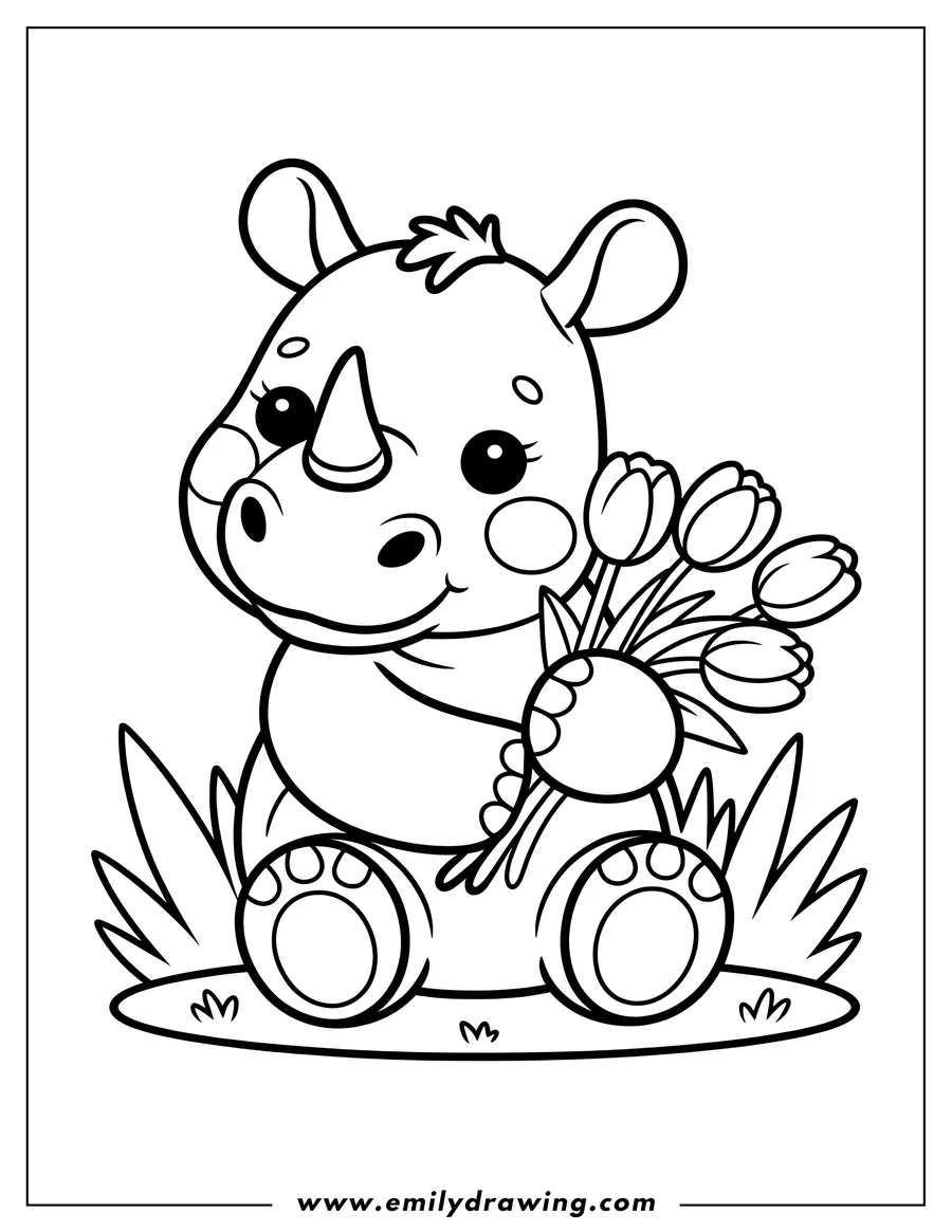 Outline of a baby rhino sitting and holding a bouquet of tulips.
