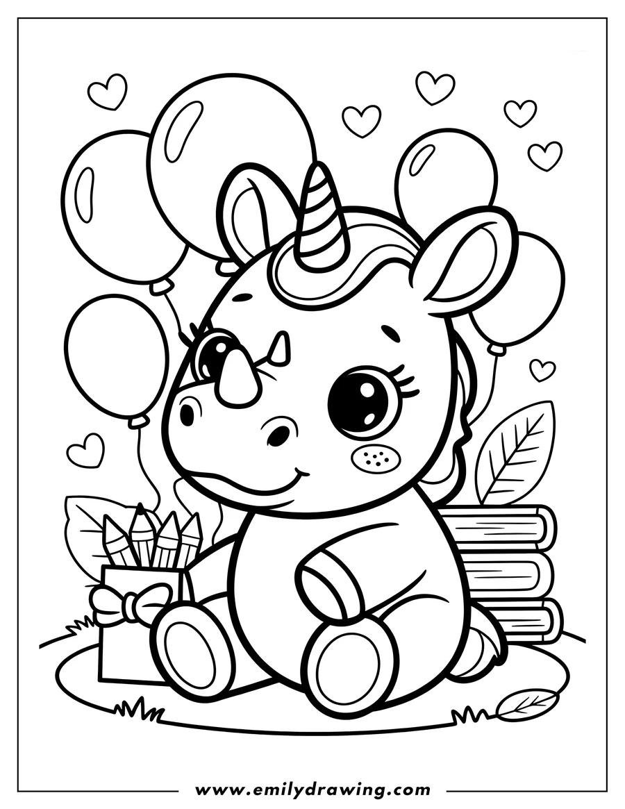 Outline of a baby rhinoceros sitting with balloons, a box of crayons, and books.