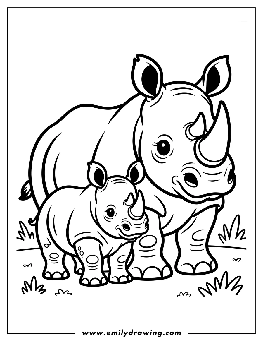 Line art of a mother rhino and her baby standing in the grass.