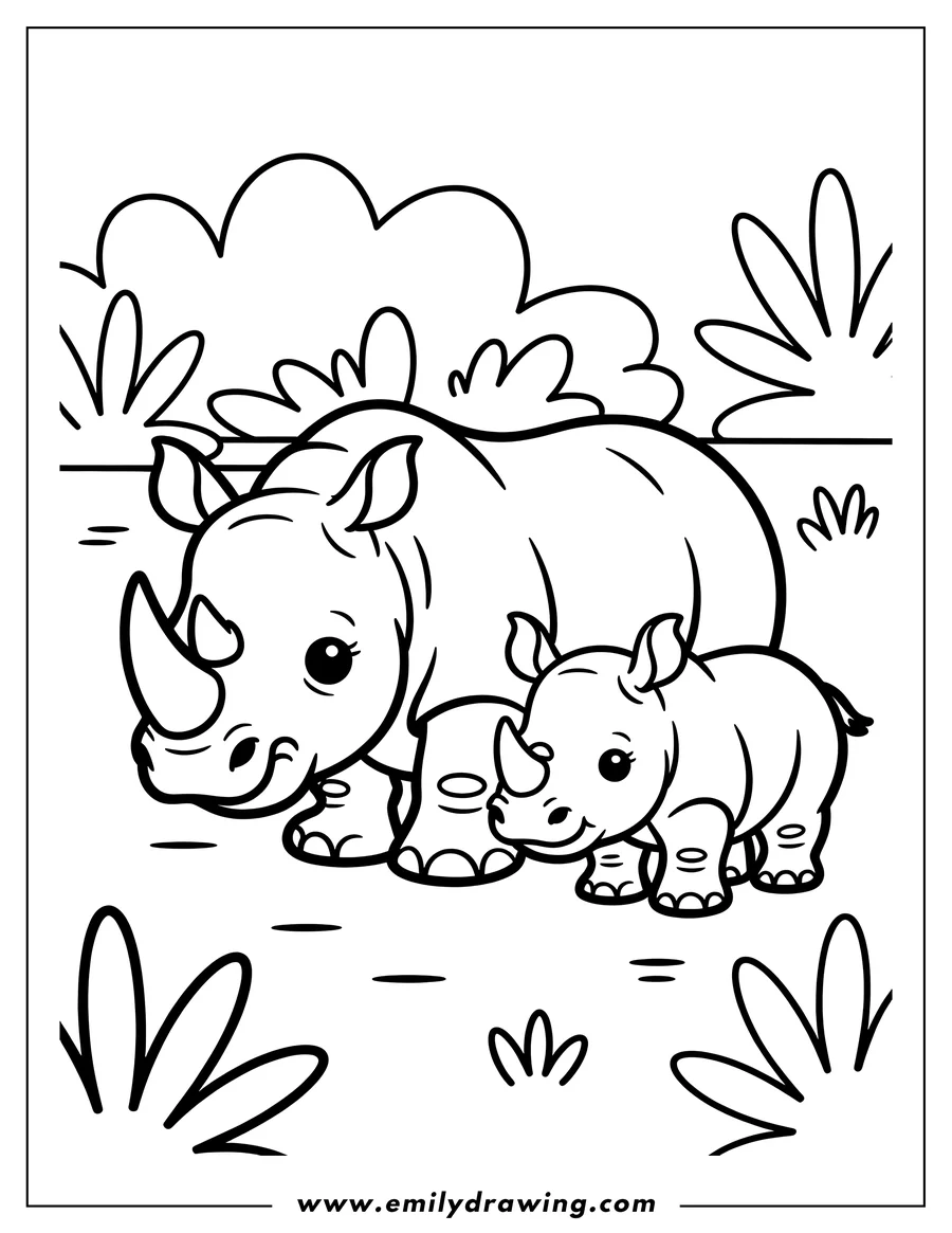 Line art of a mother rhino and her baby walking through a grassy landscape. Simple cartoon style suitable for children's coloring activities.