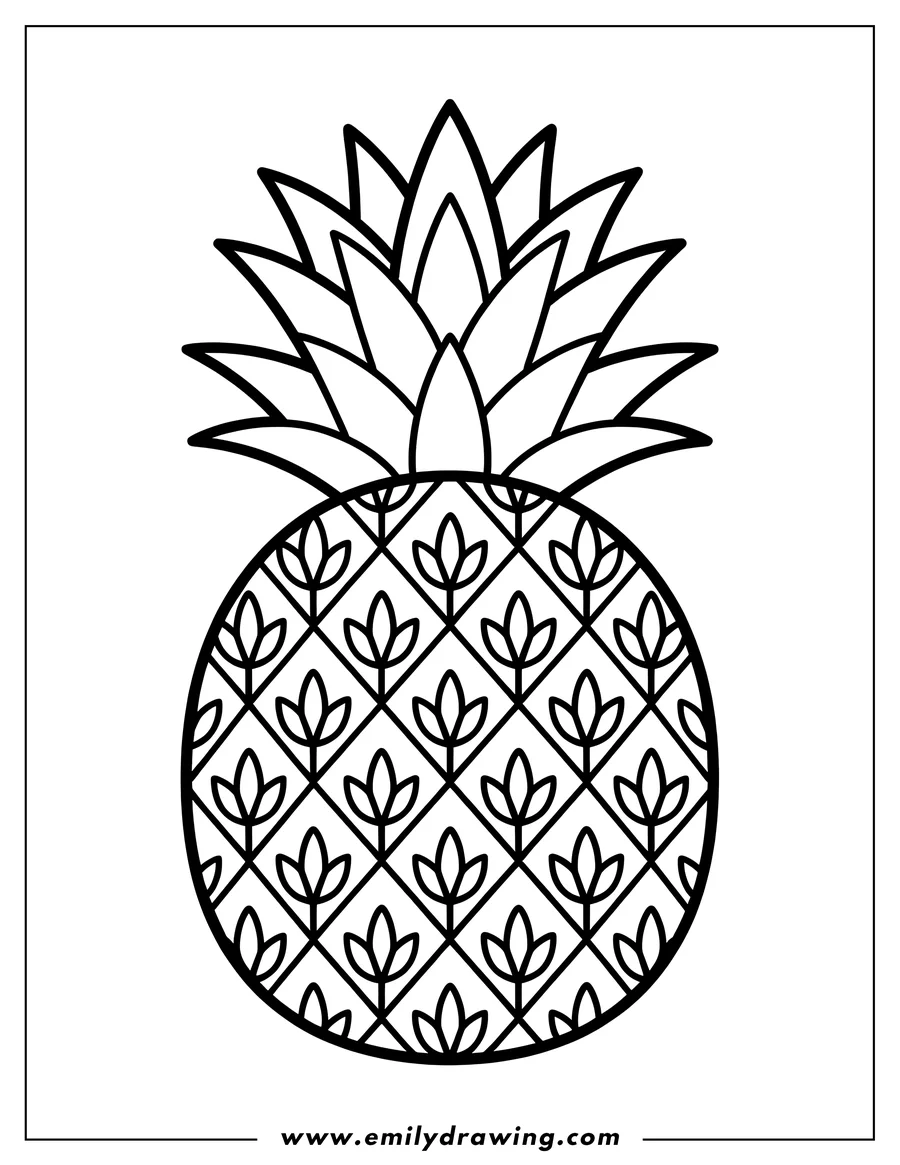 Line art of a ripe pineapple with a diamond pattern. The pineapple's spiky leaves are at the top.