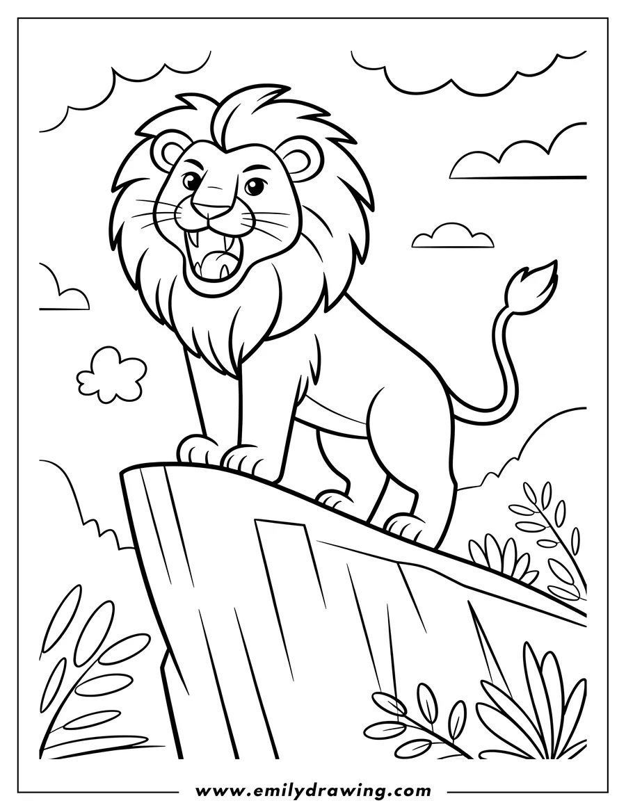 Outline of a roaring lion standing on a cliff, surrounded by foliage and clouds.