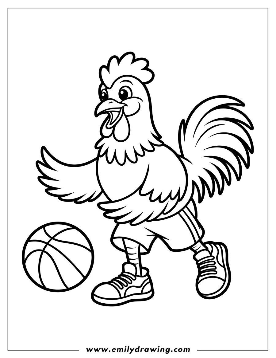 Line art of a rooster playing basketball. He's wearing a jersey and sneakers, and he's about to dribble the ball.