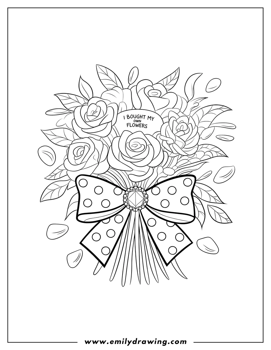 Outline of a rose bouquet tied with a large polka-dotted bow, adorned with a jewel and scattered petals.