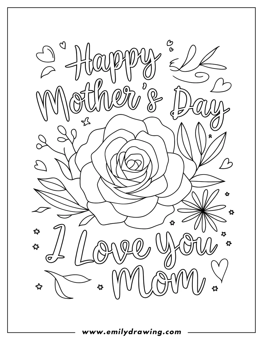 Line art of a rose with leaves and other small flowers. It says Happy Mother's Day and I love you Mom, with decorative small hearts and stars around the text and flowers.