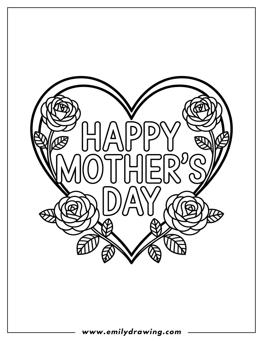 Outline of a heart-shaped frame with roses and the words